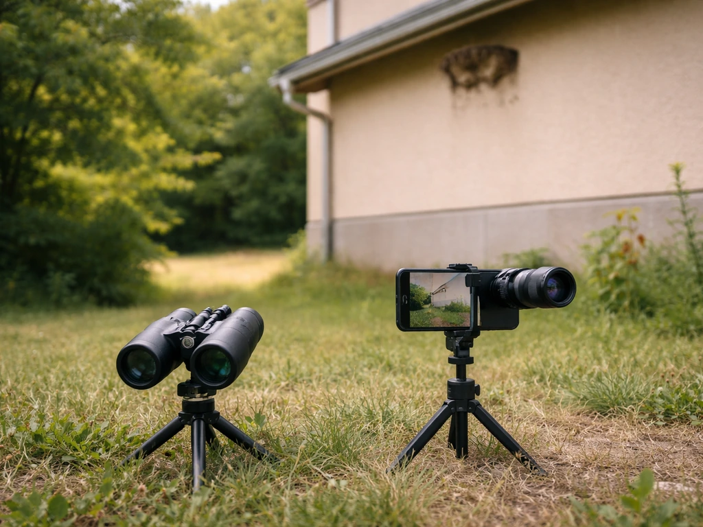 Binoculars and a zoom phone aimed from far away at a small active mud nest on a ledge.