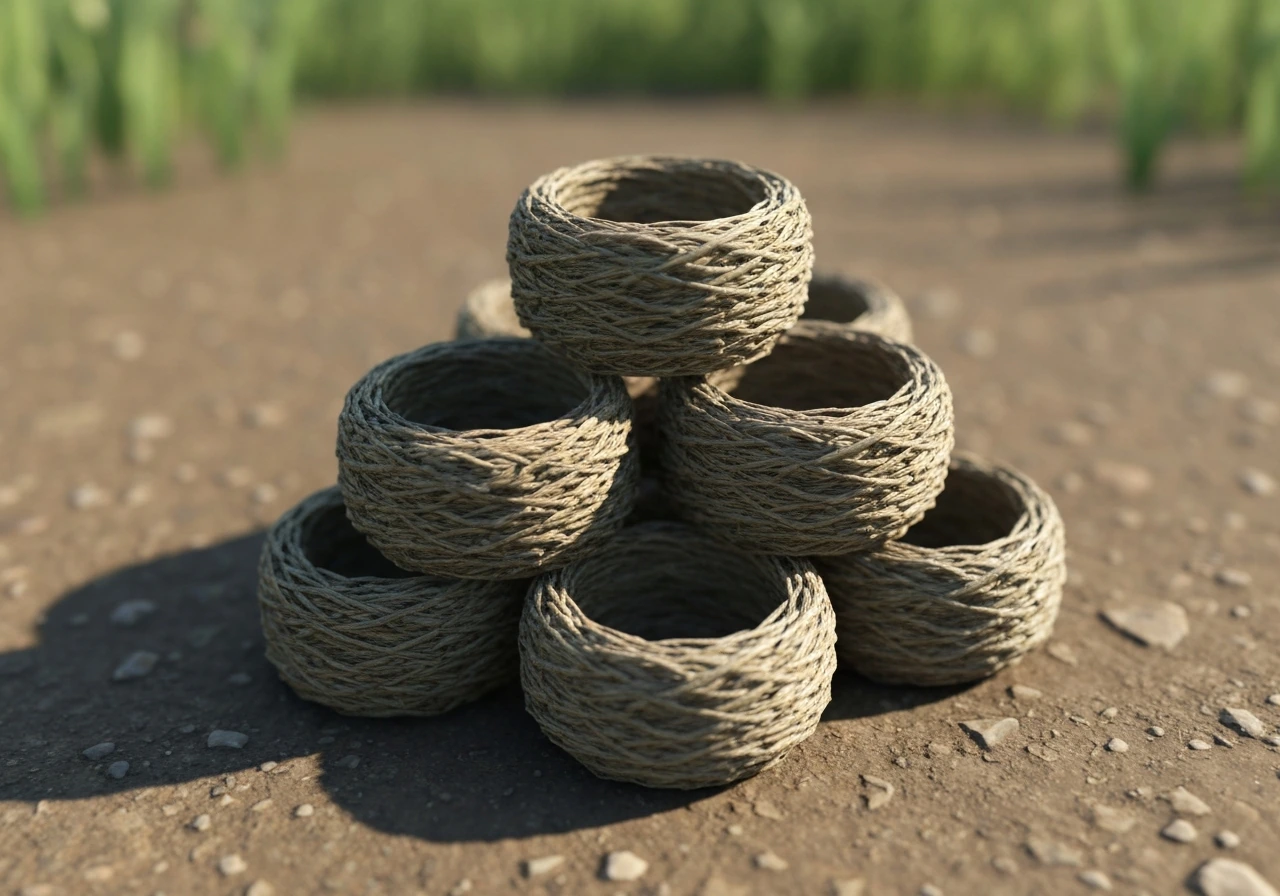 Close-up of several weathered bird nests stacked on dirt, hinting at near-identical variants