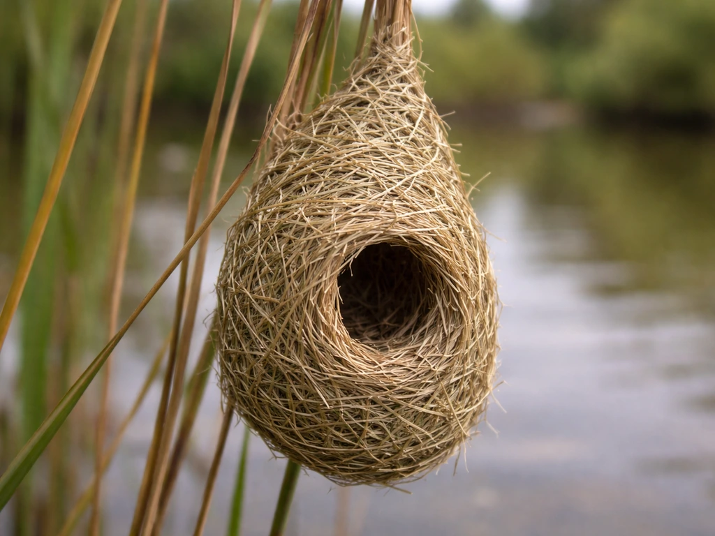 Close-up of a true woven bird nest with interlaced fibers hanging from reeds in soft natural light