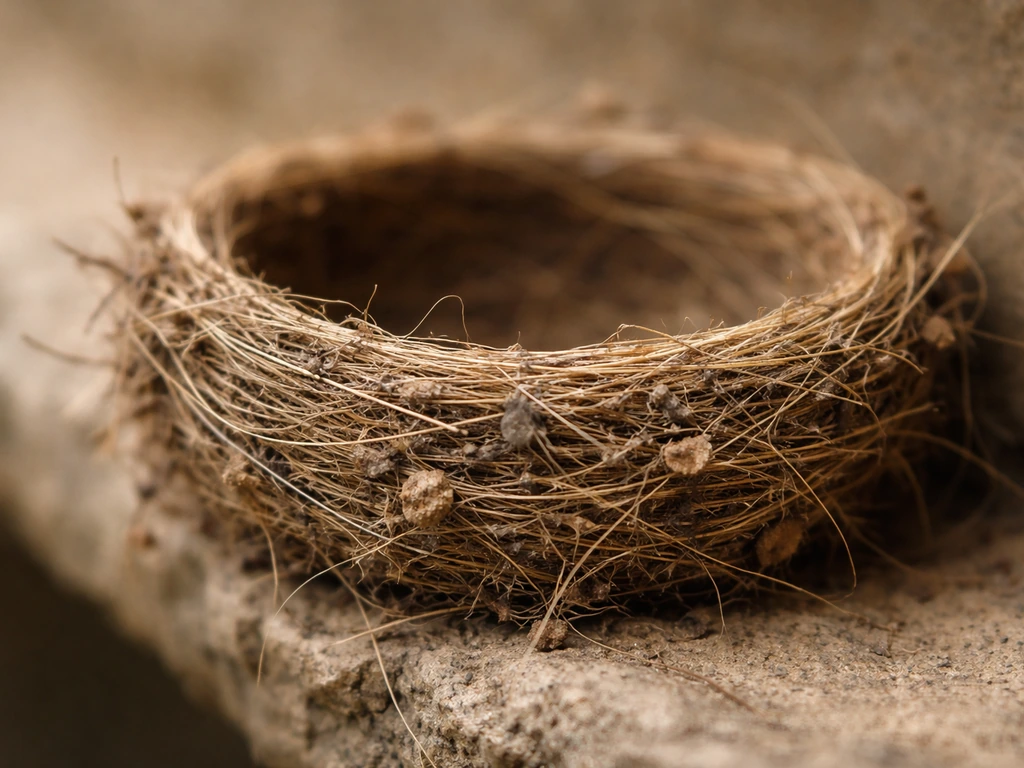 Close-up of a bird nest’s outer woven fibers, twigs, and mud texture with blurred inner cup.