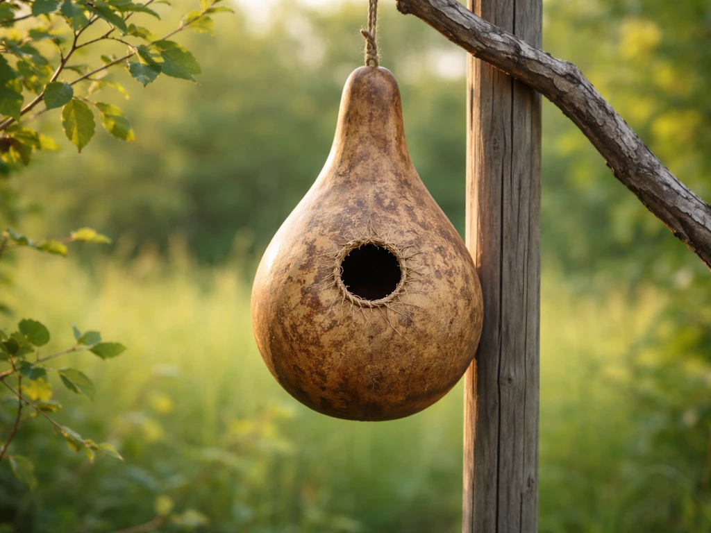 Hanging gourd birdhouse on a pole with a visible entrance hole and blurred garden greenery behind.