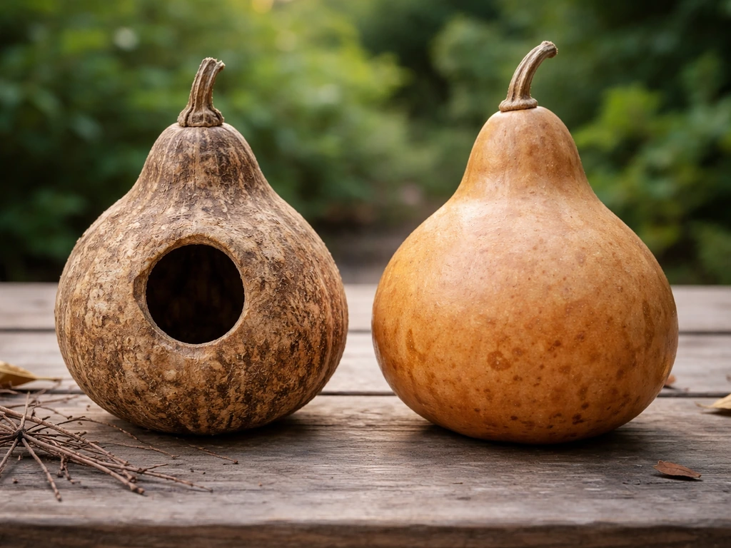 Close-up of a dried hollowed gourd birdhouse beside an uncut gourd, showing the accessibility difference for birds.