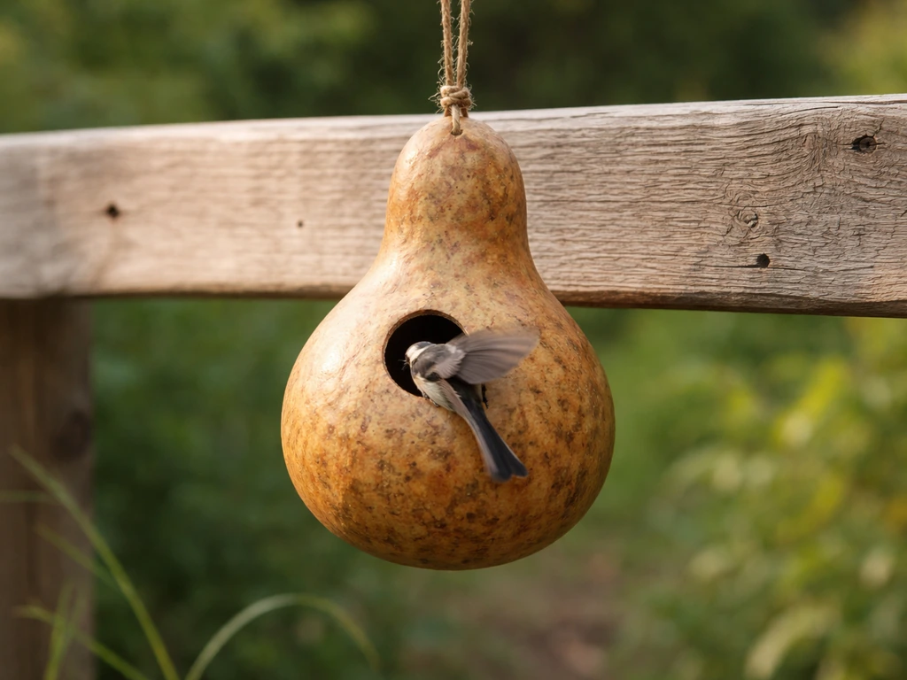 Small bird flying into a hanging gourd birdhouse entrance with obvious cavity opening