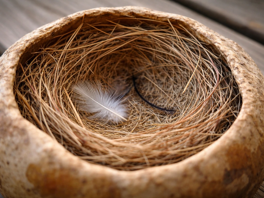 Macro close-up of a gourd holding a bird nest cup of dry grasses with fine pine-needle lining.