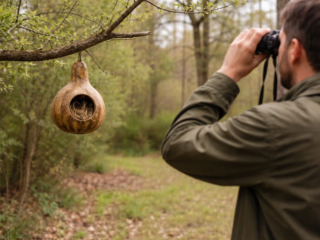 Anonymous person uses binoculars from 15–20 feet away while a gourd nest sits undisturbed.