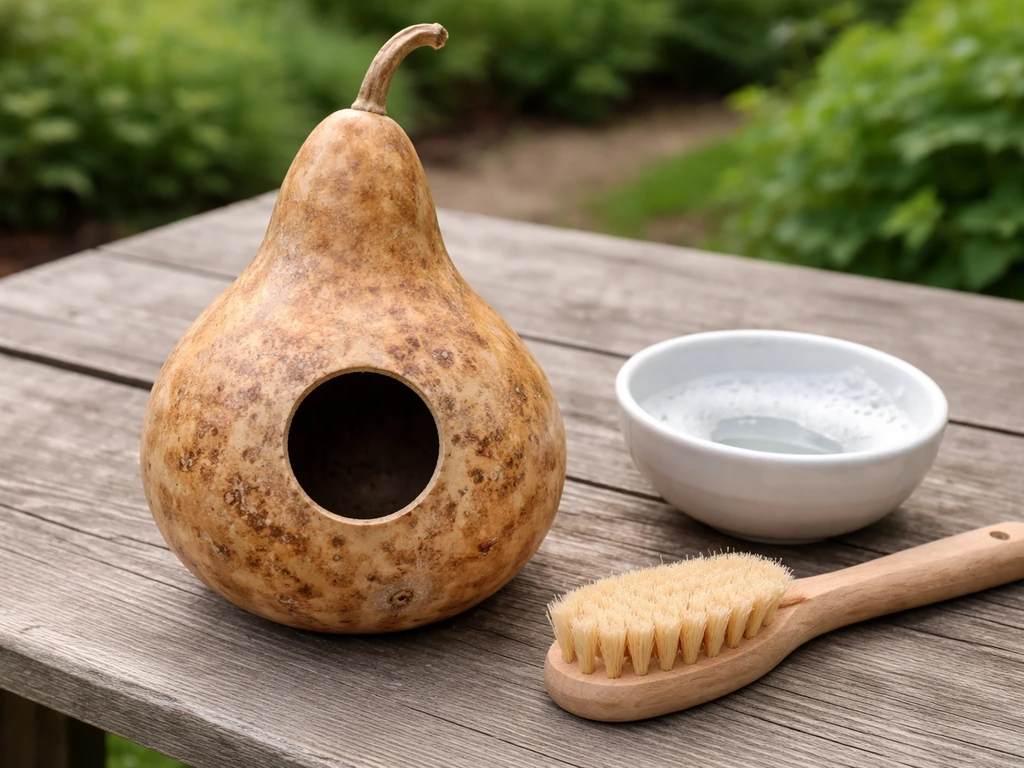 Cleaned empty wooden gourd birdhouse on a table with old debris removed, ready for next season.
