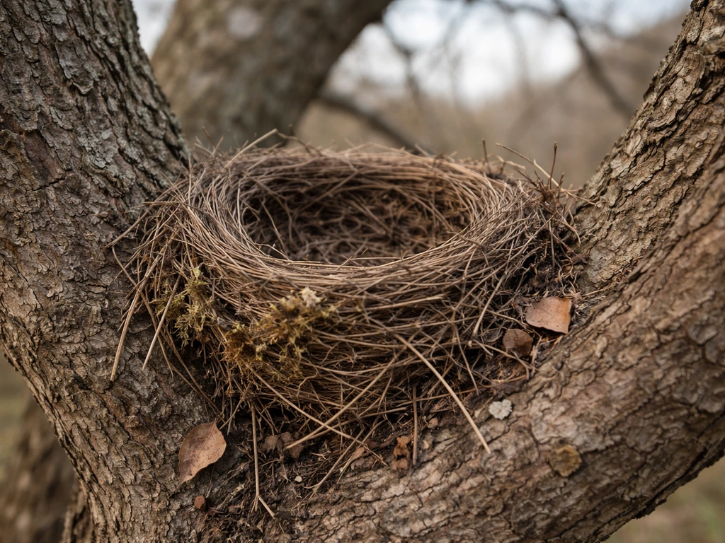 Close-up of an old bird nest on a branch with surrounding twigs and leaves, suggesting an inactive nest
