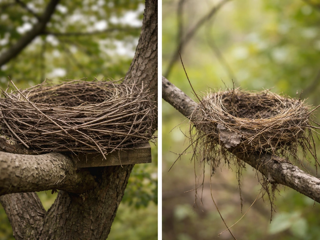 Two-panel scene showing an intact large stick bird nest on a tree versus a worn, disheveled small cup nest.