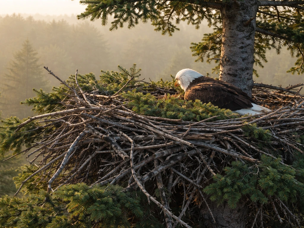 Bald eagle tending a large stick eyrie on a tall tree in morning light