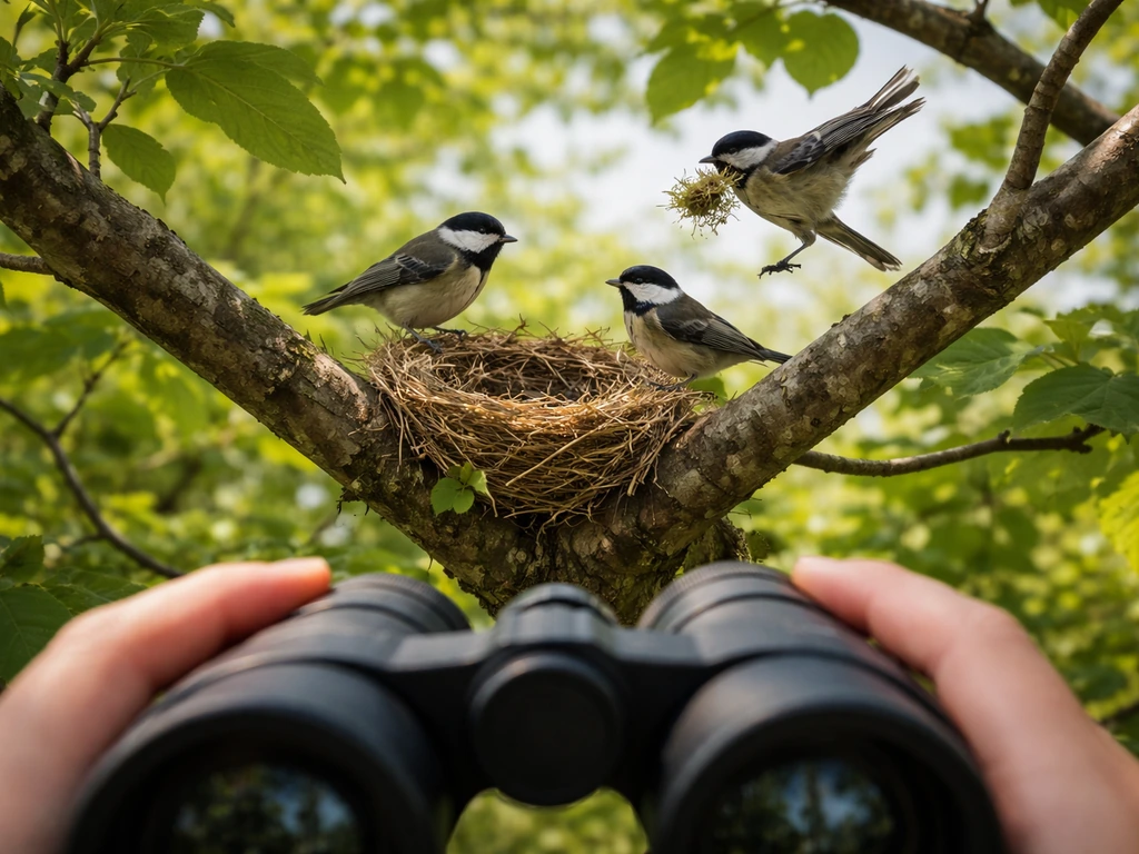 Binocular view of a bird nest in a tree with adult birds nearby, suggesting it’s currently active.