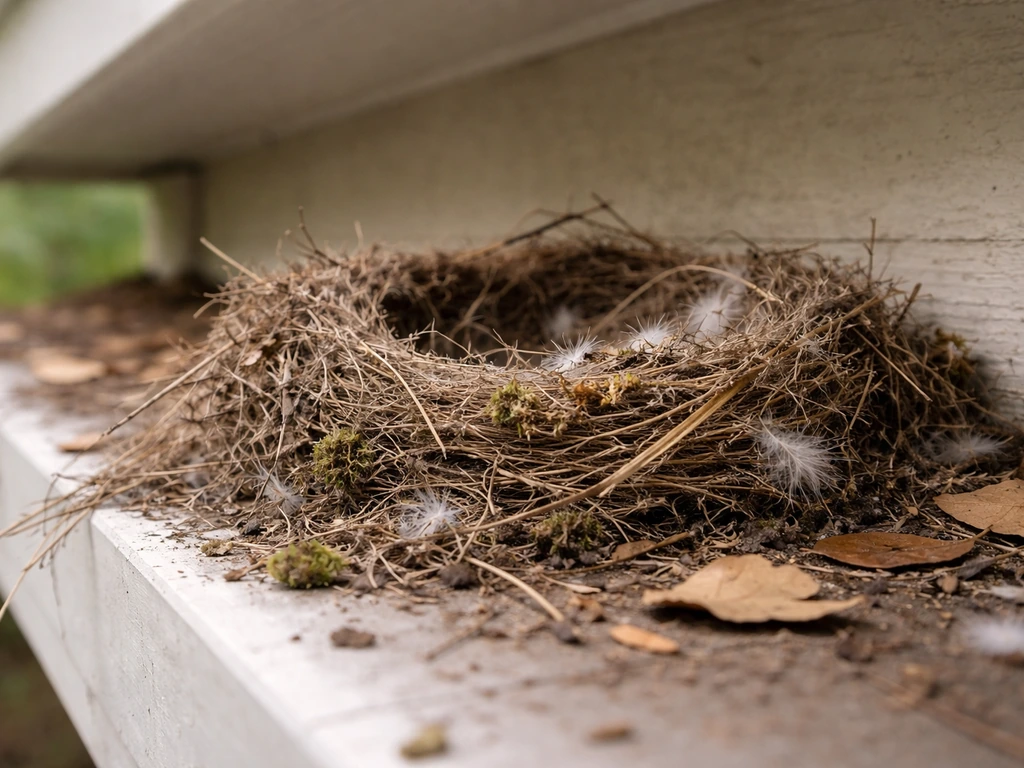 Weathered abandoned bird nest under a house eave with scattered leaves and no birds present.