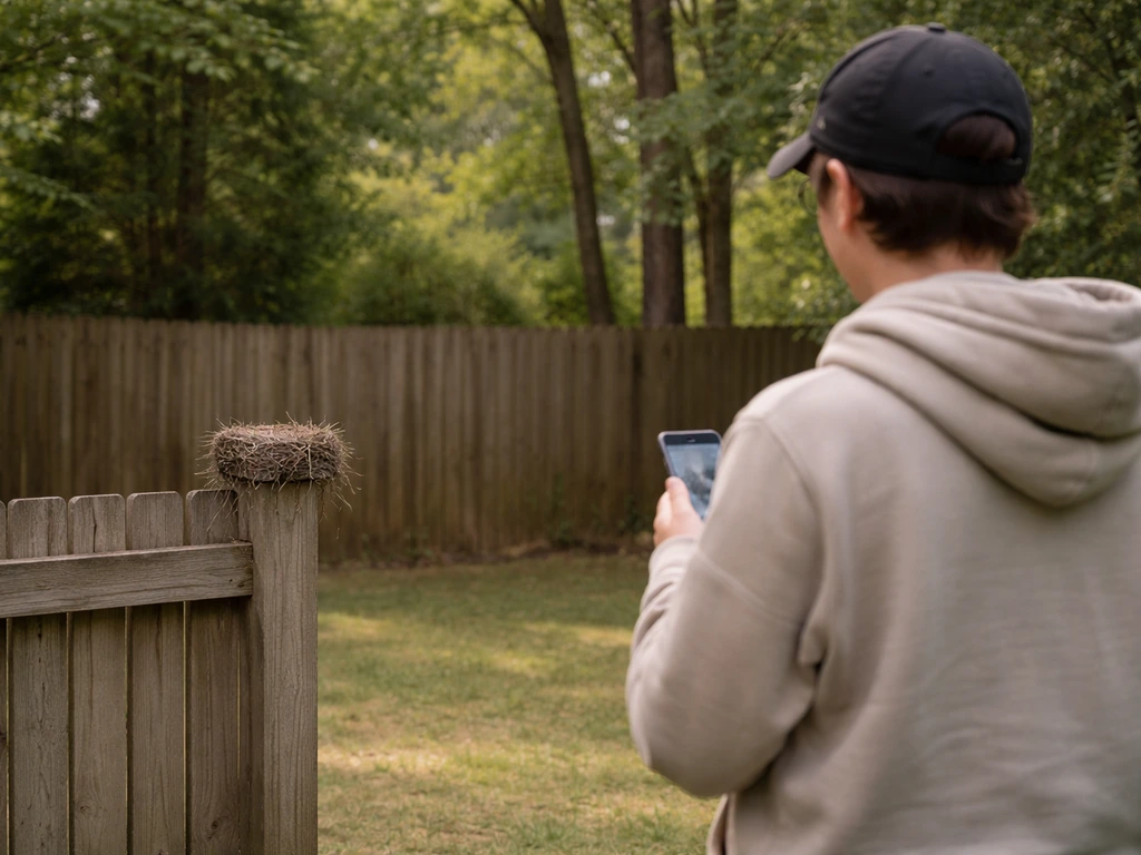 Person stands well back, observing an old bird nest calmly with a phone, not touching it.