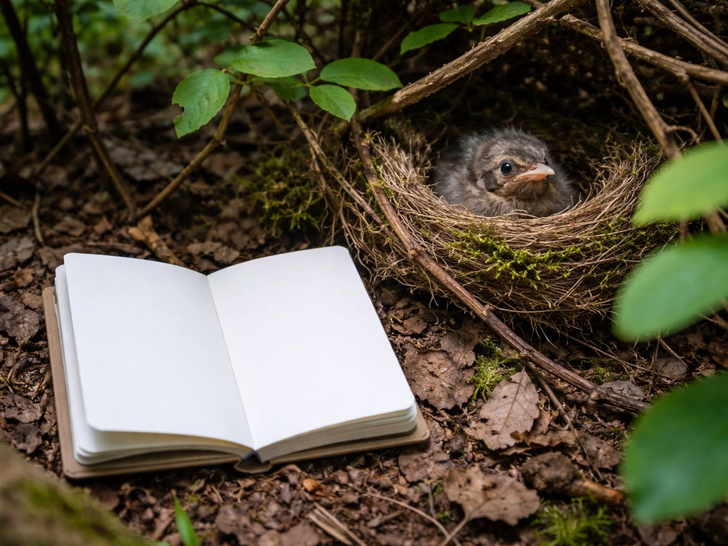 Field checklist and a nestling bird in a nest among branches, photographed in natural light.