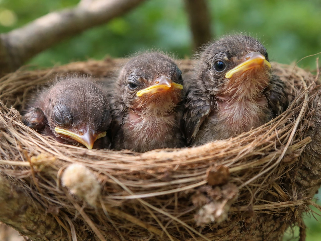 Close-up of three small baby birds in a nest, showing different stages of eyes and head position