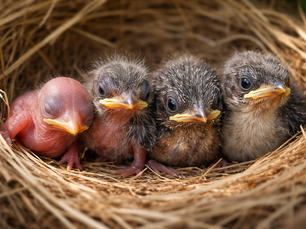 Four nestling birds shown in progressive feather and skin stages on a simple nest