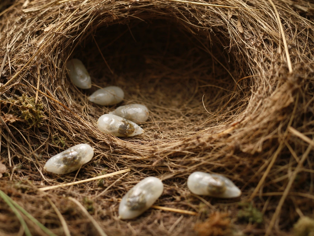 Bird nest with small white membrane-wrapped fecal sacs beneath nestlings