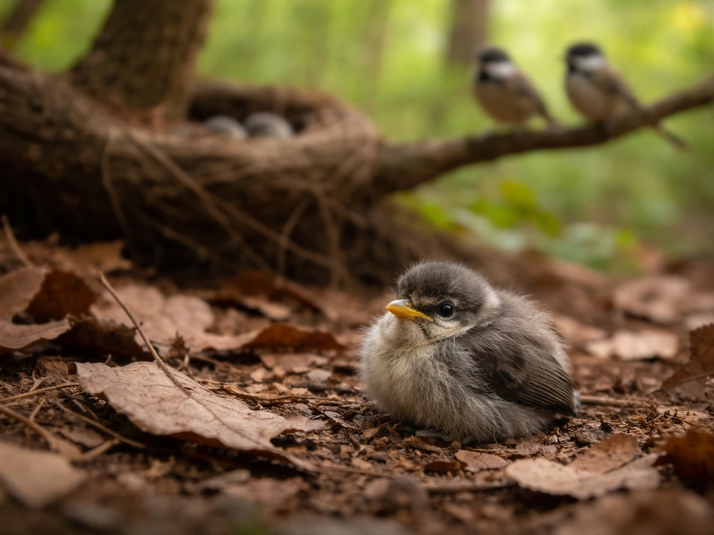 Nestling on the ground near a natural nest area with parents nearby, wildlife scene showing non-intervention.
