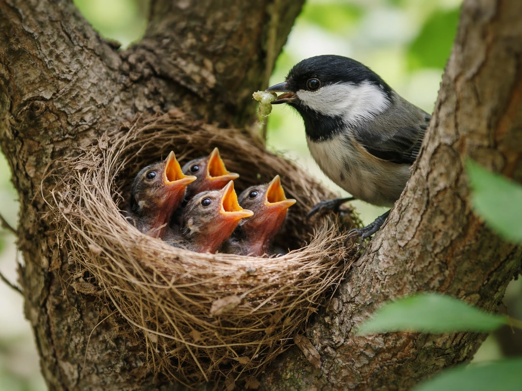 Small songbird parent perched near a nest rim feeding several hatchlings with open mouths