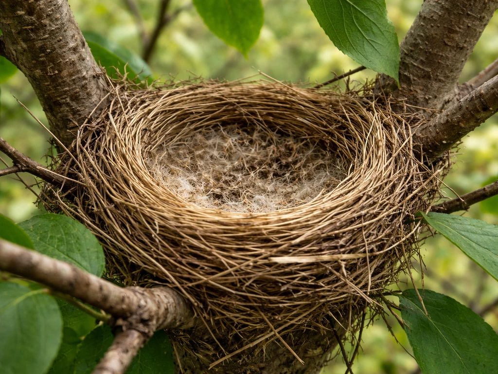 Close-up of a well-built bird nest nestled in branches with textured woven materials and concealed cover.