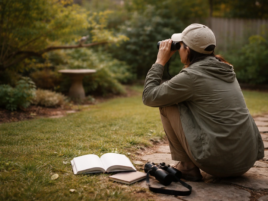 Person kneeling with binoculars in a backyard, observing birds while a field guide lies open on the grass.