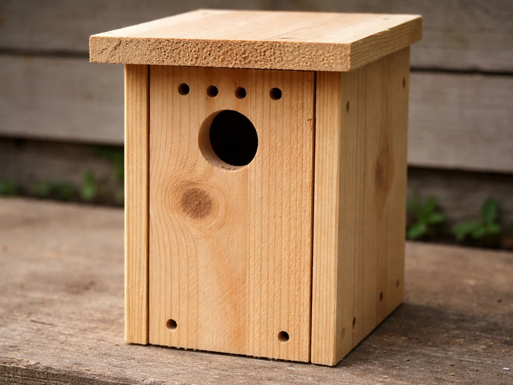 Close-up of a finished untreated wood cavity nest box with top ventilation holes and bottom drainage holes