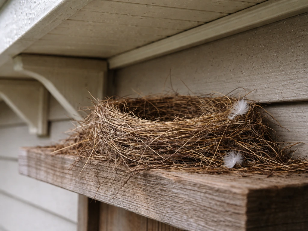 Small open-cup bird nest on a wall ledge under an eave with protective wooden mounting