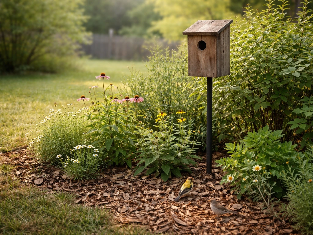 Native shrubs and perennials surround a mounted bird nest box in a quiet backyard garden bed.