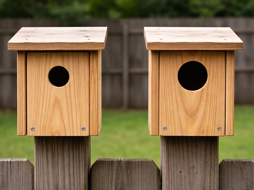Two wooden nest boxes side-by-side showing a snug correct entrance hole versus an oversized one.