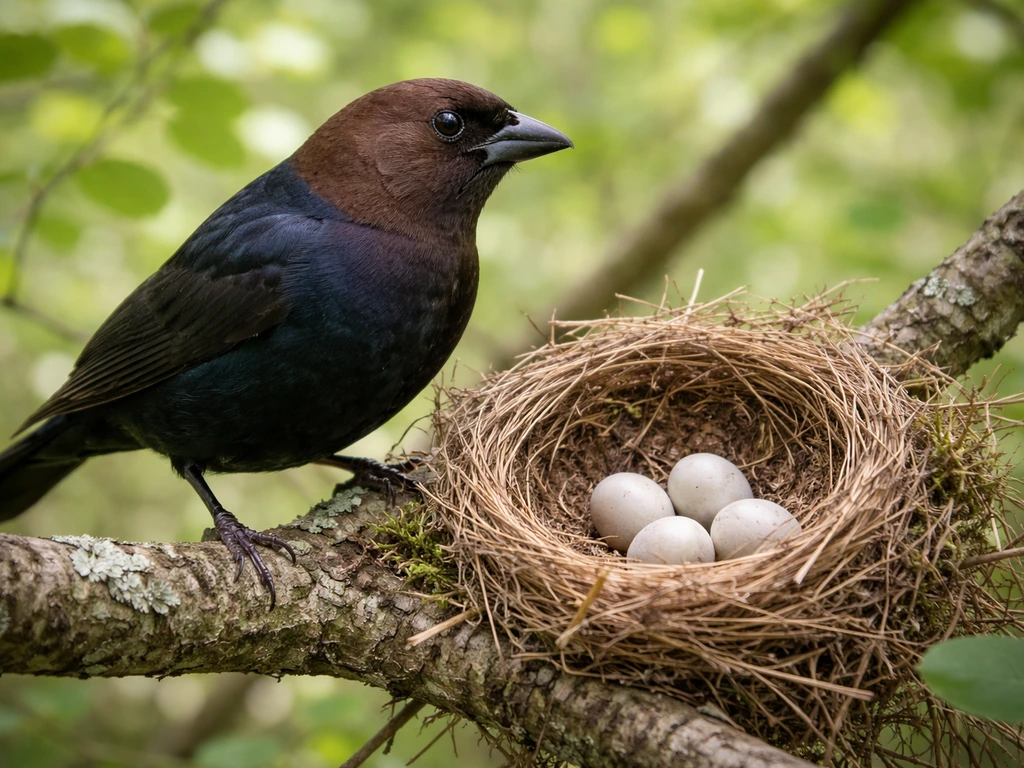 Brown-headed cowbird perched by an open-cup nest with visible eggs on a woodland edge branch.