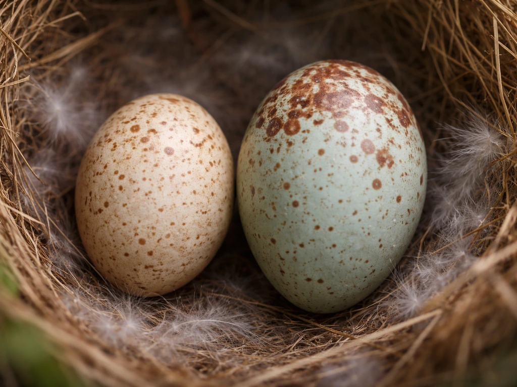 Macro close-up of a bird nest with two eggs side-by-side: one typical and one visibly different odd egg.