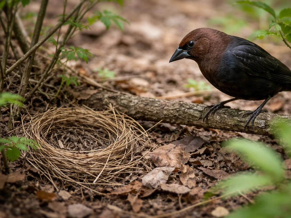 Brown-headed cowbird perched near a small nest, watching as the nest area prepares for eggs.