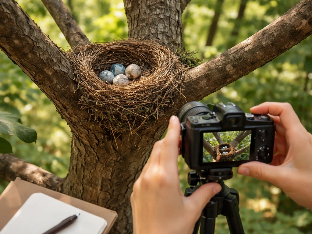 Close-up view of an outdoor bird nest in a branch with a camera ready, eggs visible, no touching.