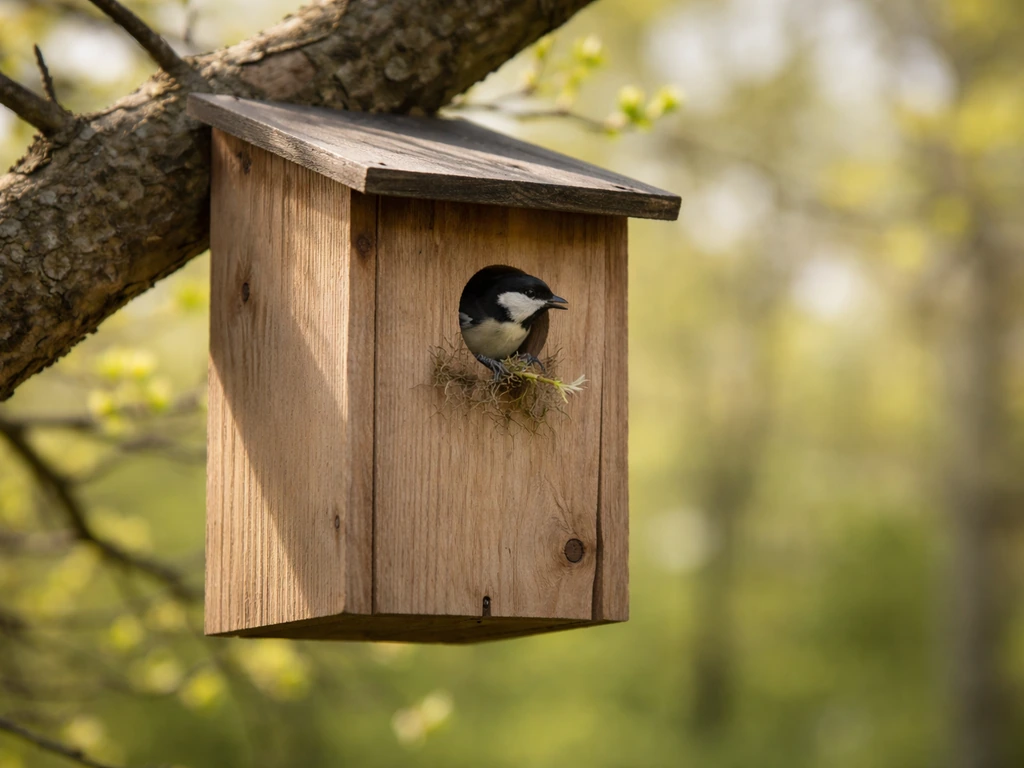 Bird nest box on a tree branch with early spring greenery, showing seasonal timing for nest usurpation.