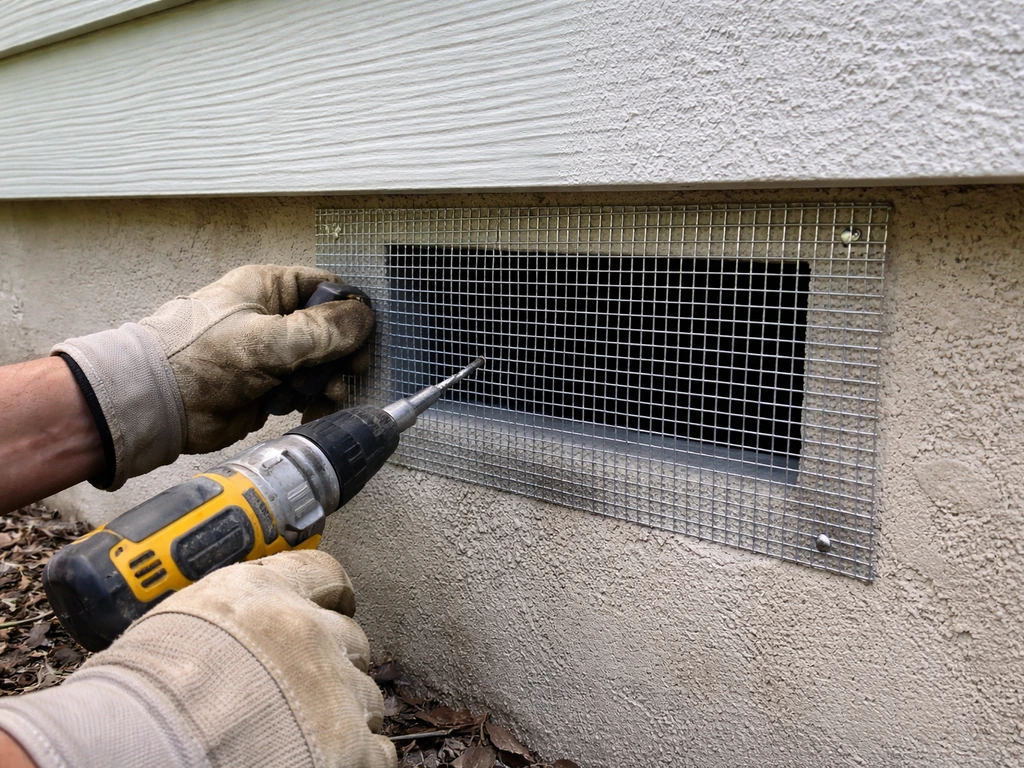 Gloved hands fastening corrosion-resistant wire mesh over a small home vent opening.