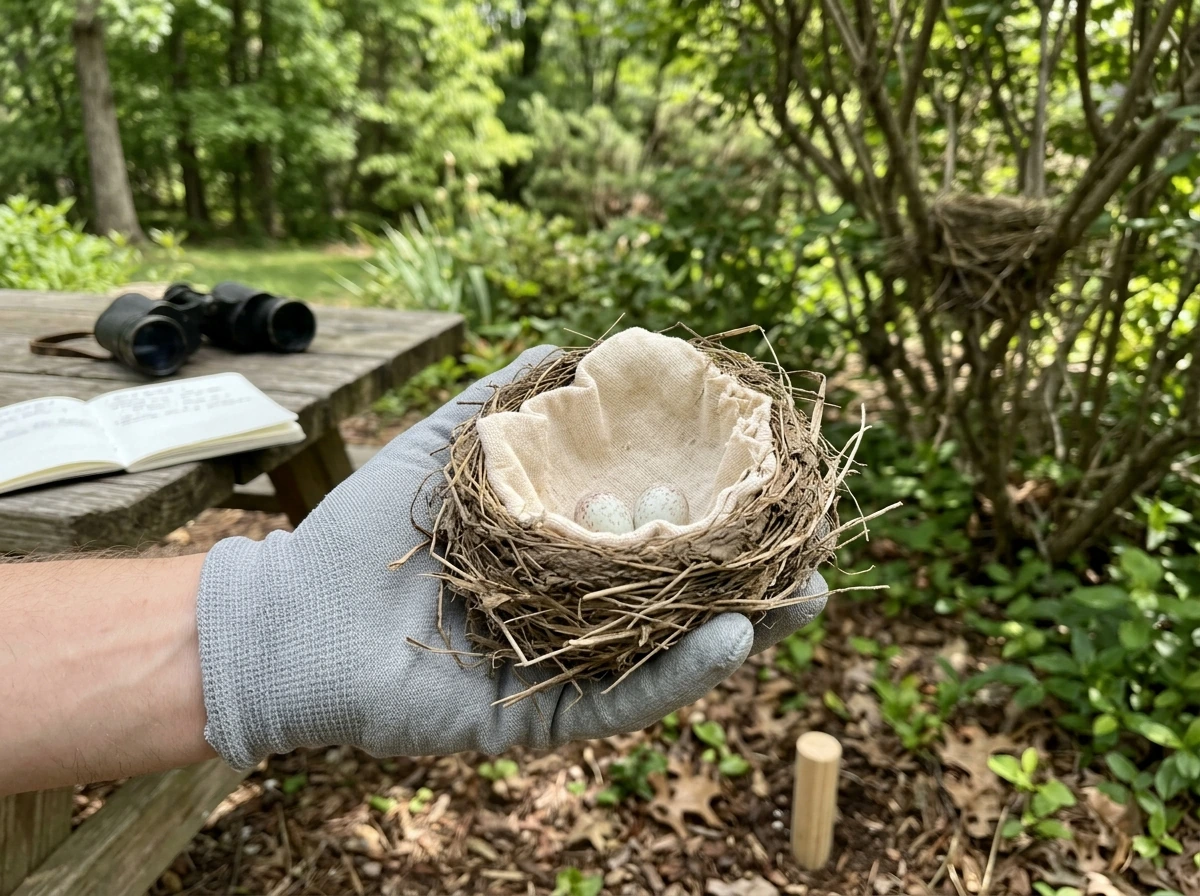 Cloth-lined hands preparing to safely relocate a bird nest with eggs to a nearby spot