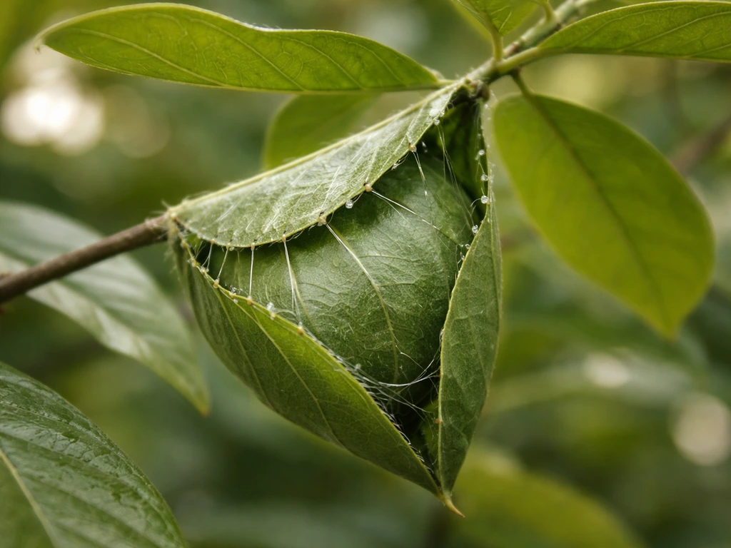 Leaf-hidden tailorbird nest pouch made of curled leaves with faint silk threads on a plant canopy.
