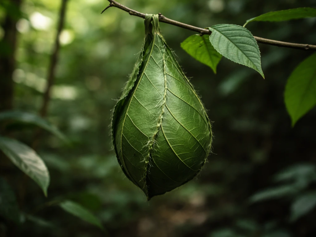 Close-up of a leaf pouch nest with neatly laced, sewn-looking leaf edges.