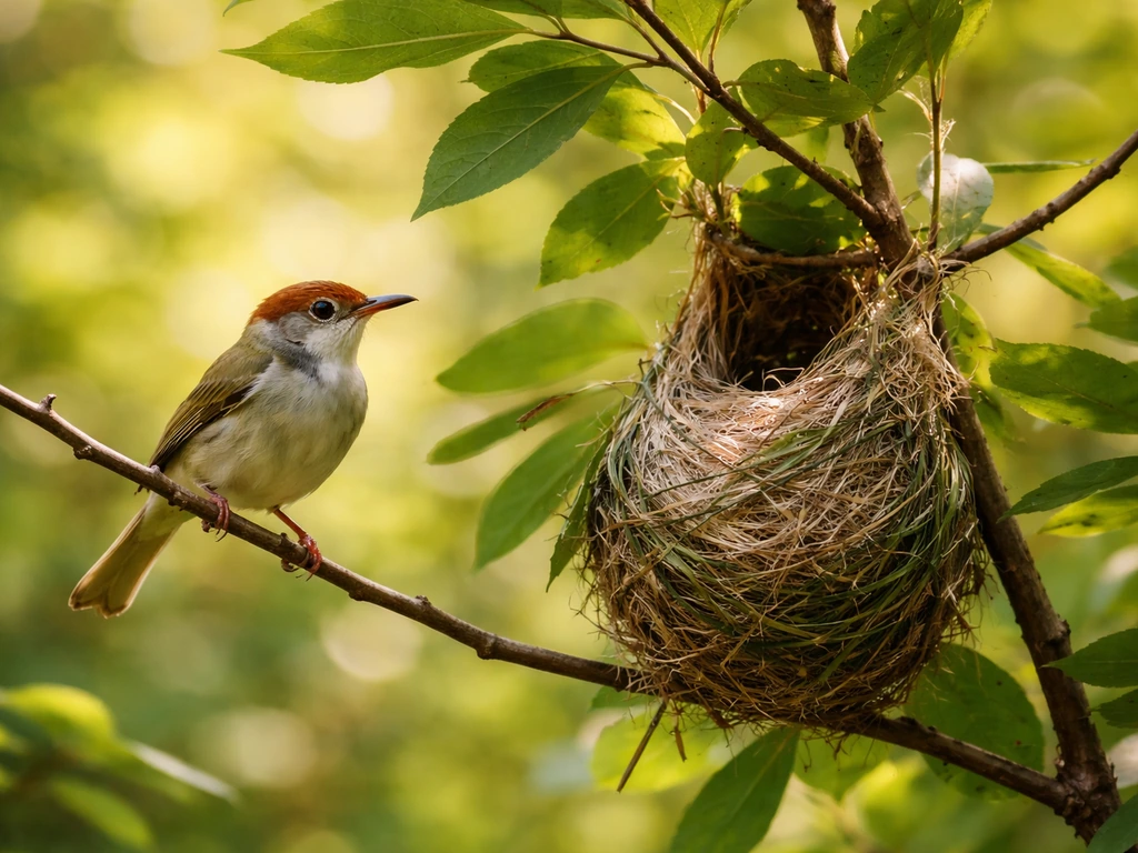 Common tailorbird perched near a simple nest in warm seasonal vegetation, suggesting breeding months timing.