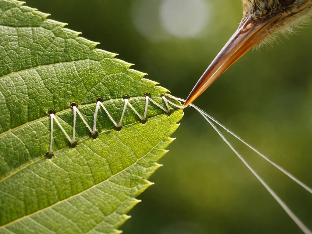 Extreme close-up of a tailorbird’s bill stitching a pouch along a leaf edge with thread-like lines
