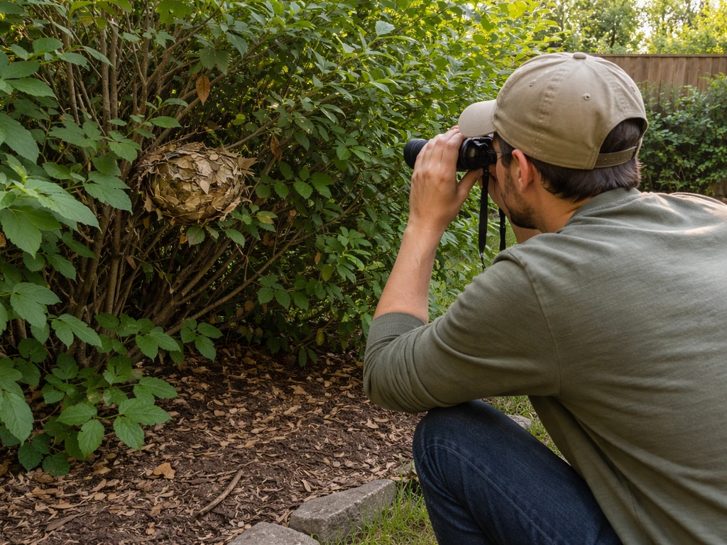 Person kneeling with binoculars observing a small hidden leaf nest in a backyard shrub from a safe distance