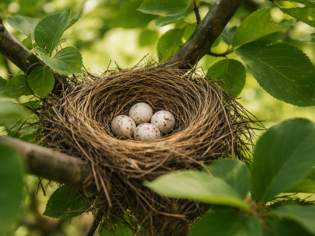 Close view of a wild bird nest on a tree branch, viewed from a respectful distance in natural light