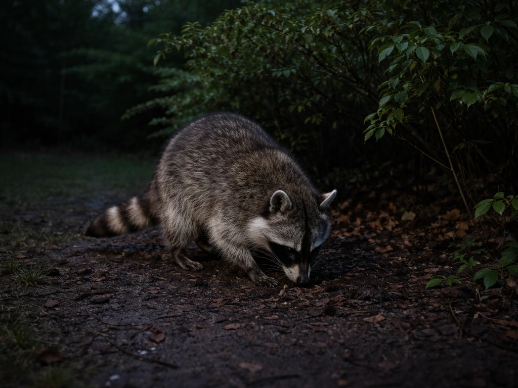 Raccoon foraging near low shrubs and branches at the edge of a yard, illustrating easy prey access