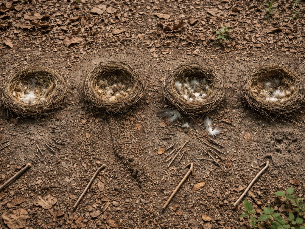 Minimal side-by-side photo showing nest damage clues attributed to raccoon, snake, crow/jay, and cat.