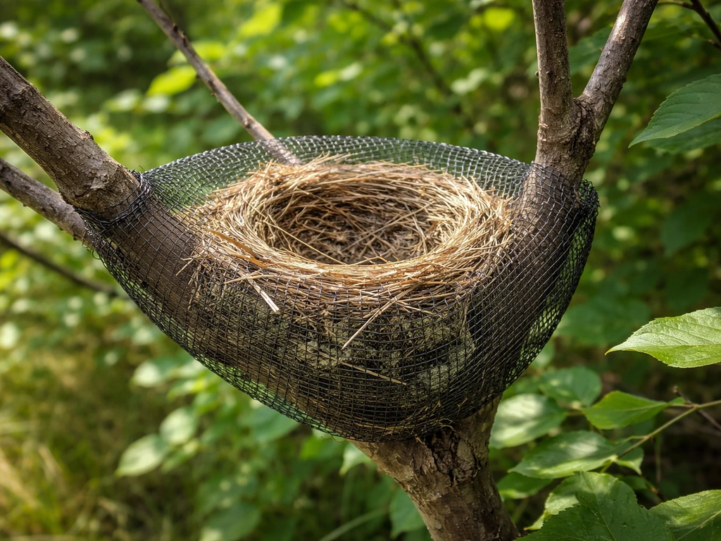 Close-up of an open-cup bird nest in a low shrub with a nearby branch protective barrier.