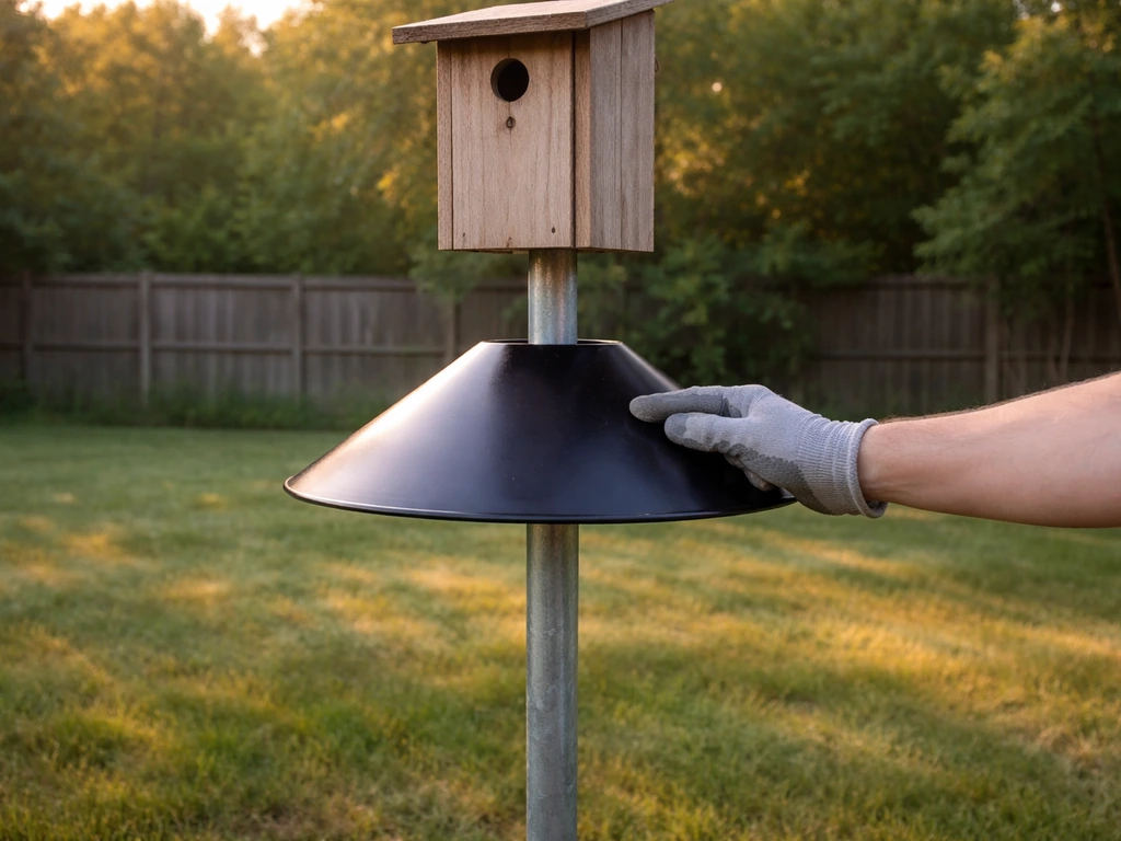 Hand adjusting a predator baffle on a mounted nest pole in a quiet backyard
