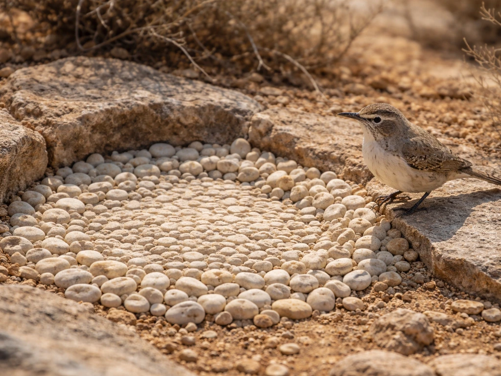 Rock wren near a pebble “pavement” nest on rocky ground in a dry desert landscape.