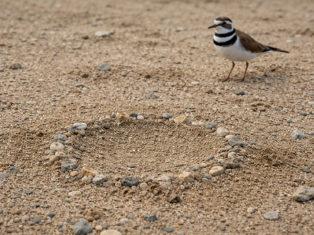 Killdeer nest scrape on open ground lined with small pebbles and gravel.