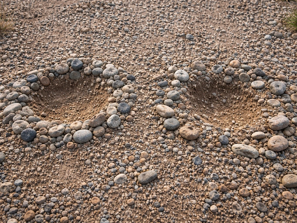 Close-up of two small ground nest spots: one with a neat pebble cup rim, one with scattered gravel.
