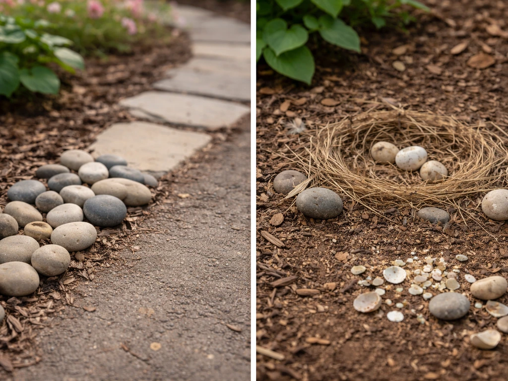 Pebble edging and a small ground bird nest scrape side-by-side with scattered pebbles nearby