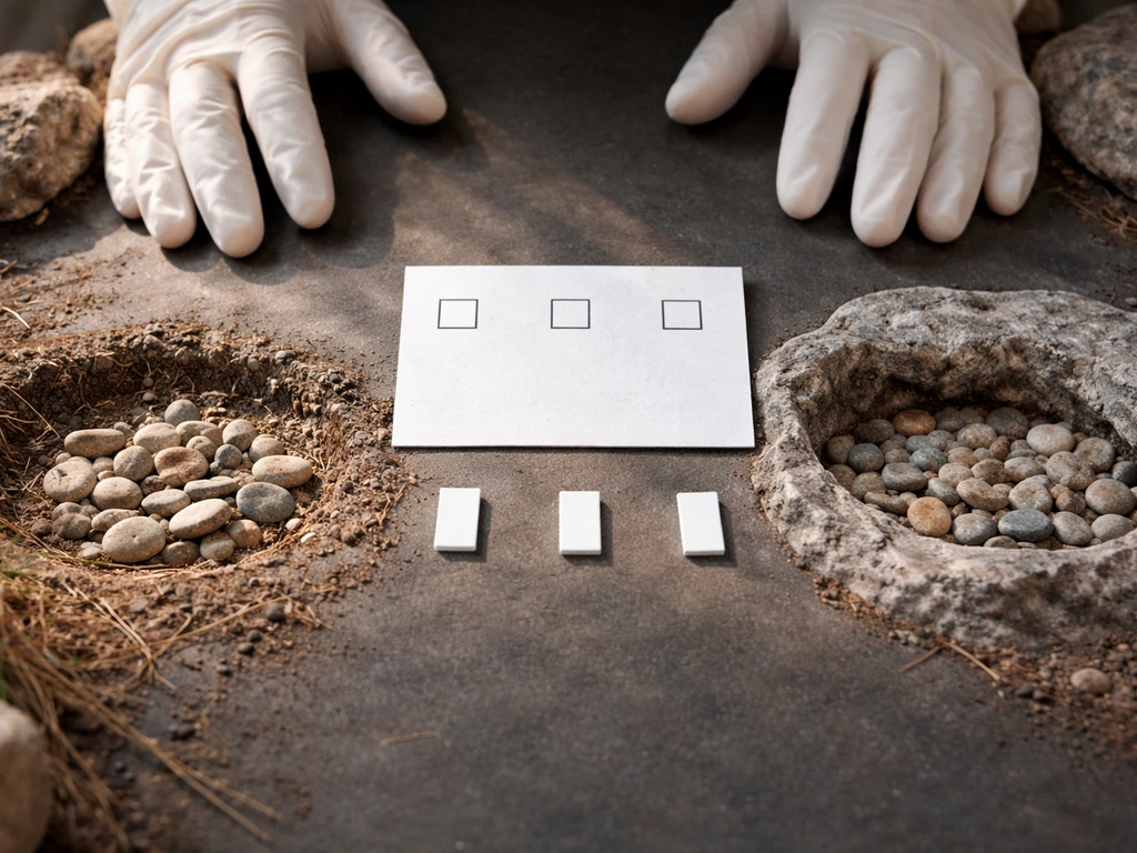 Minimal photo of pebble nest identification checklist steps beside stones and a rock crevice
